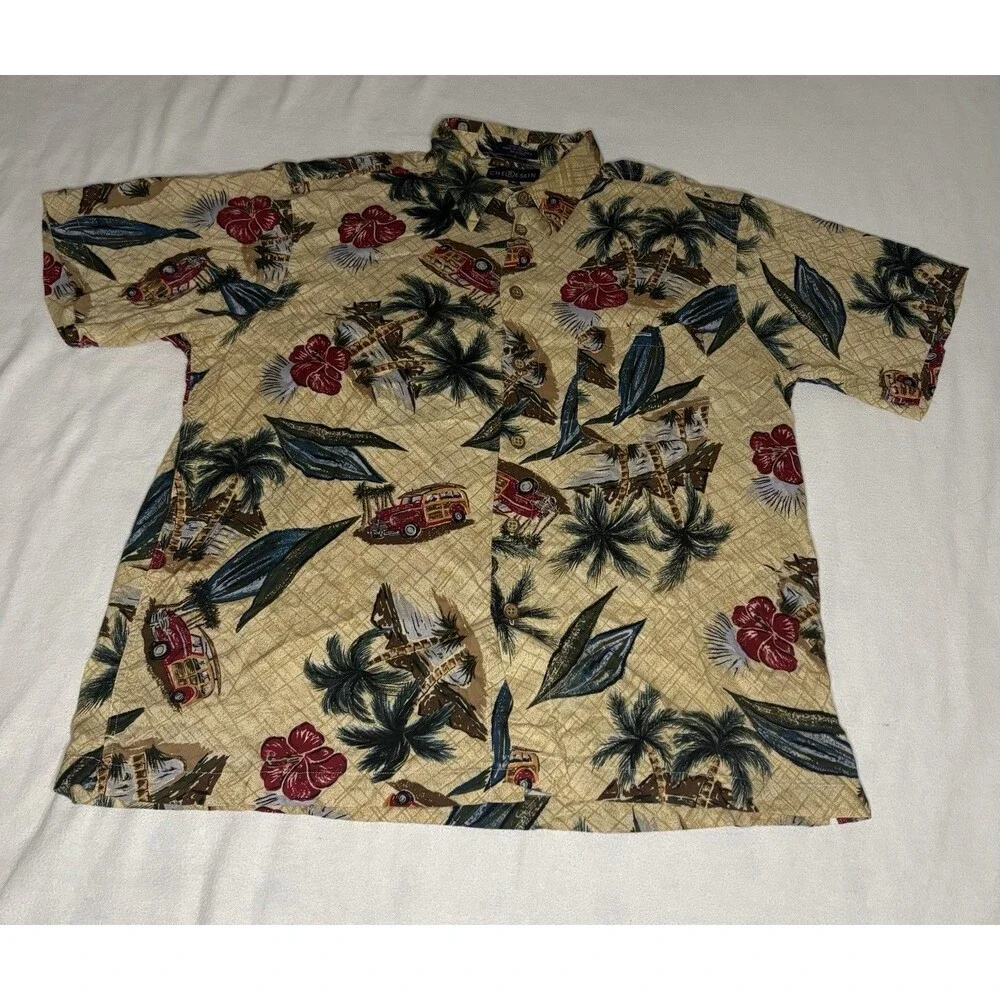 Chereskin Button Down Shirt Mens XL Tan Excellent Tropical Woody Car Rayon Aloha